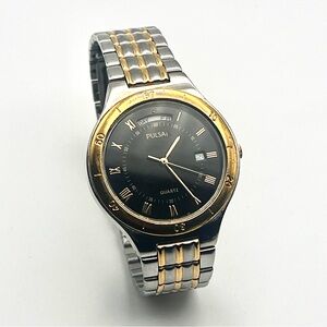 Vintage Pulsar Mens Watch Two Tone Day Date V544-7A10 6.75" Band New Battery
